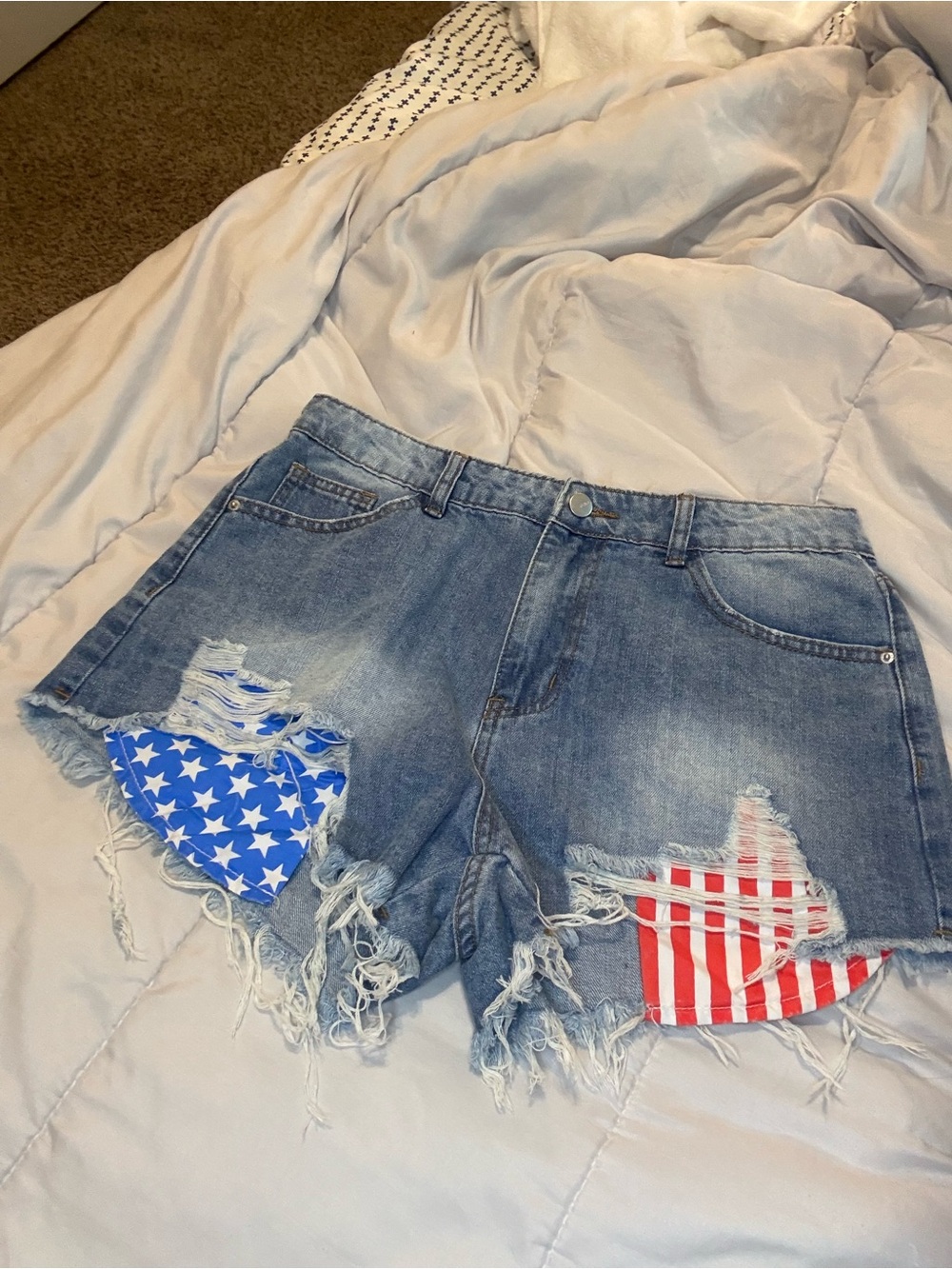 SHEIN Blue Distressed Denim Shorts with Red & White Star-Stripe Patches
